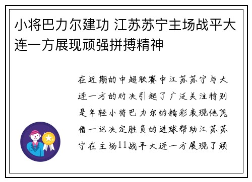 小将巴力尔建功 江苏苏宁主场战平大连一方展现顽强拼搏精神