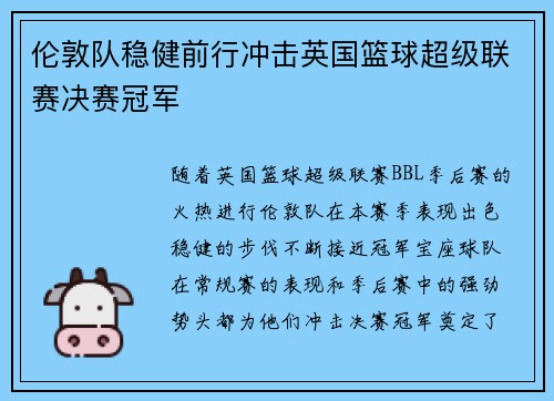 伦敦队稳健前行冲击英国篮球超级联赛决赛冠军